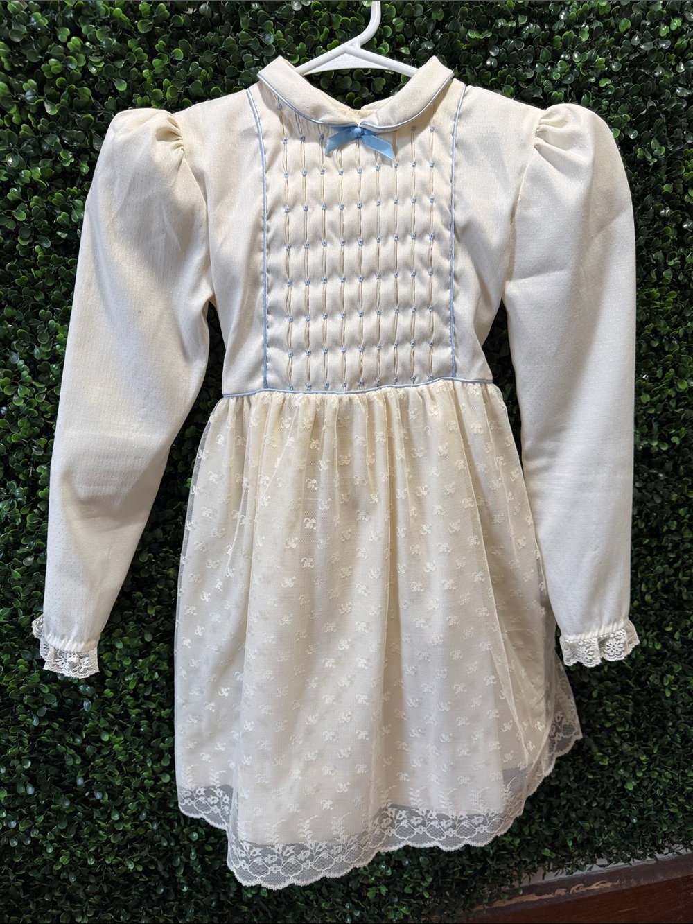 Ivory Girls' Long-Sleeve Smocked Dress with Blue Ribbon